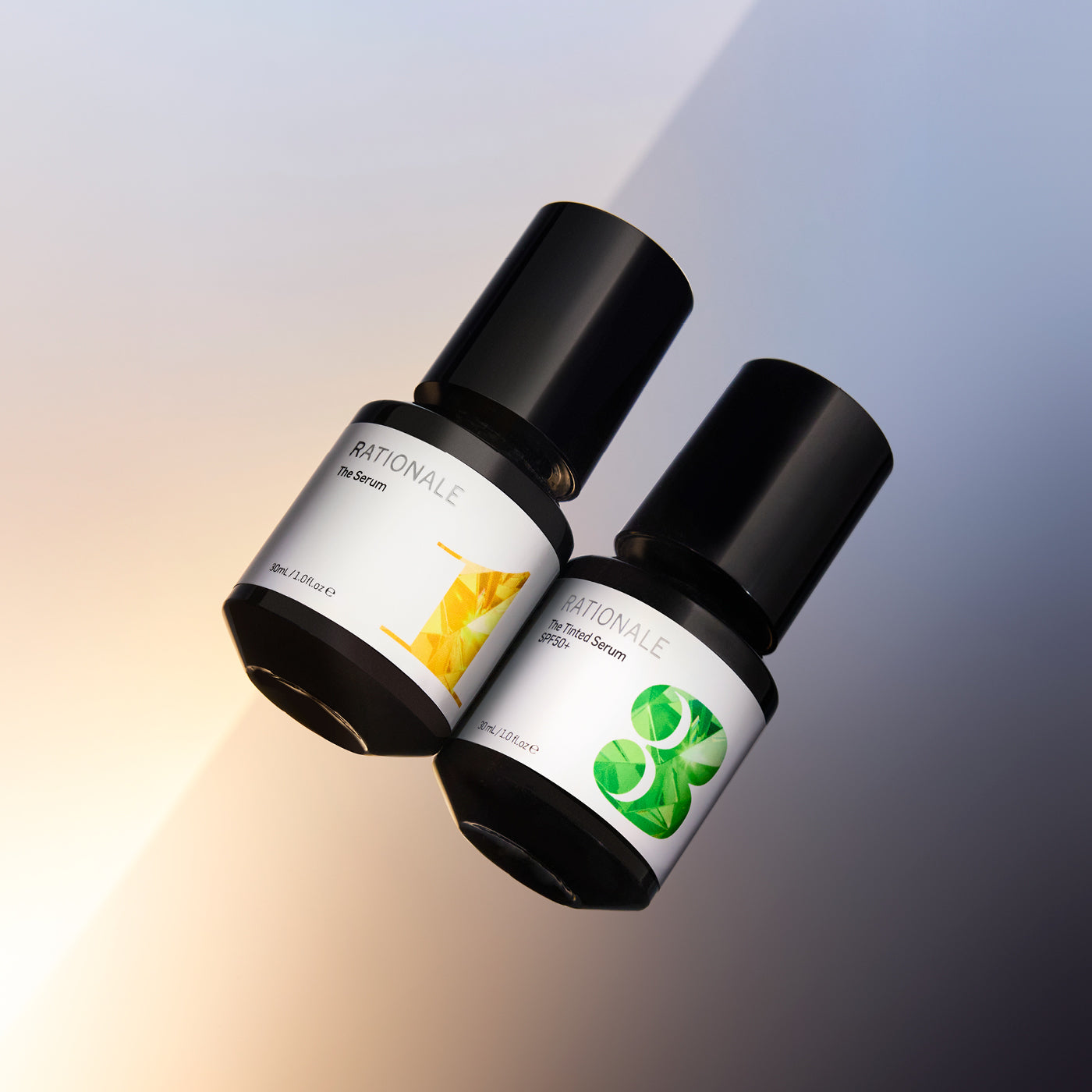#1 The Serum and #3 The Tinted Serum in illuminated setting.